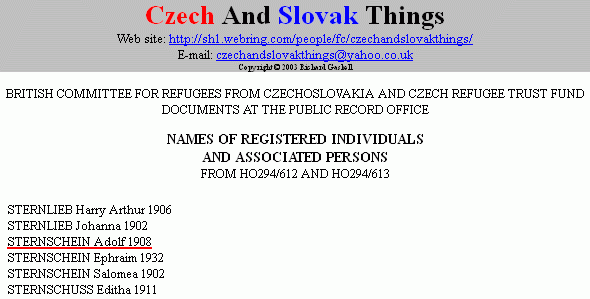 Jeho jméno na seznamu Britské komise pro uprchlíky z Československa