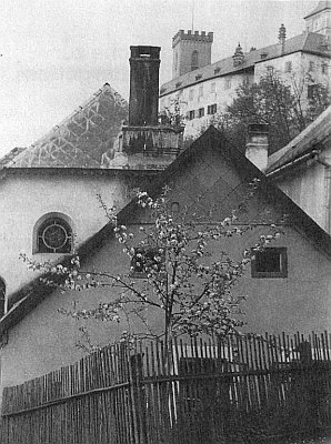 Snímek zachycuje hrad v Rožmberku s čelní fasádou synagogy a komínem v její střeše pod sebou, vepředu tzv. "Judenteilhaus" Benedikta Radlera