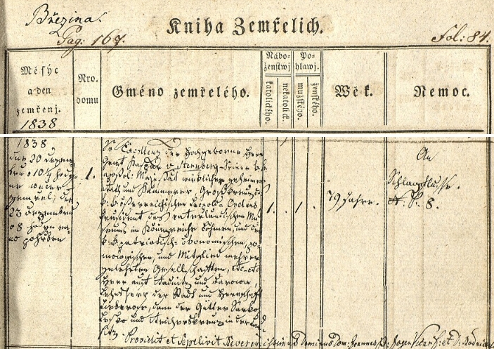 Záznam o jeho úmrtí v knize zemřelých darní obce Stupno