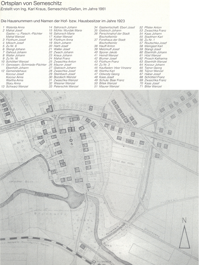 Semošice na plánku, který provází seznam majitelů domů v roce 1923