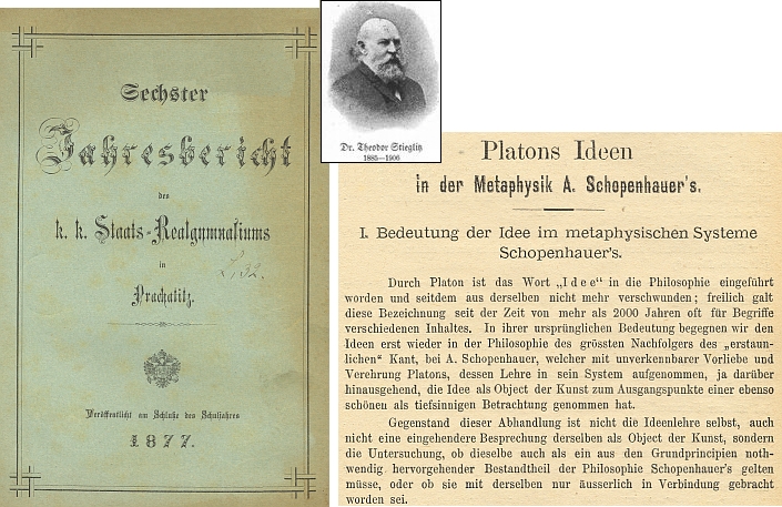 Obálka (1877) výroční zprávy německého státního reálného gymnázia v Prachaticích
a úvod jeho studie v ní zveřejněné (viz i Gustav Adolf Lindner)