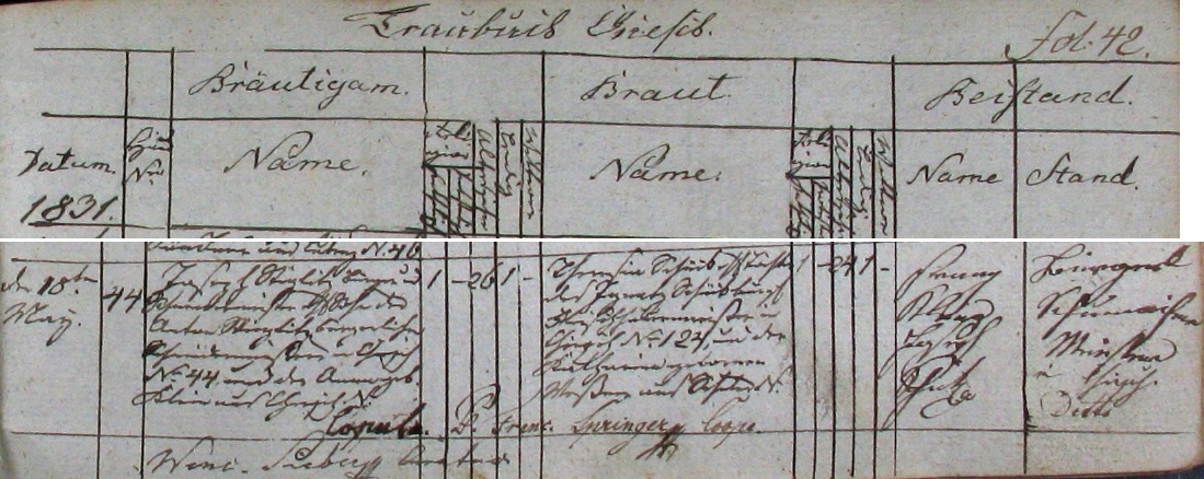Záznam oddací matriky farní obce Chyše o svatbě rodičů dne 18. května roku 1831