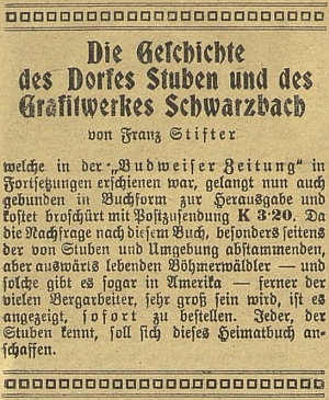 Inzerát (1920) z Budweiser Zeitung na knižní vydání práce Franze Stiftera o Hůrce a tuhových dolech při Černé v Pošumaví, která předtím vycházela v témže listě na pokračování