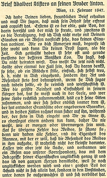 Dopis bratru Antonovi z Vídně, psaný v únoru roku 1847, svědčí o síle Stifterova
jazykového umění a o jeho citové hloubce