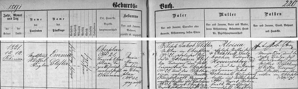 Záznam v hornoplánské matrice svědčí o jejím narození 15. února 1891 v domě čp. 21 zdejšímu sedláři Filippu Jakobu Stifterovi a jeho ženě Aloisii, roz. Sulzbacherové ze zaniklé dnes vsi Hossenschlag (babička z matčiny strany pocházela z dnes rovněž zaniklé vsi Willentschen)