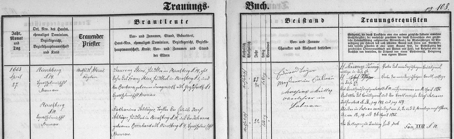 Záznam želnavské oddací matriky o první svatbě Laurenze Stiniho "staršího" v roce 1885