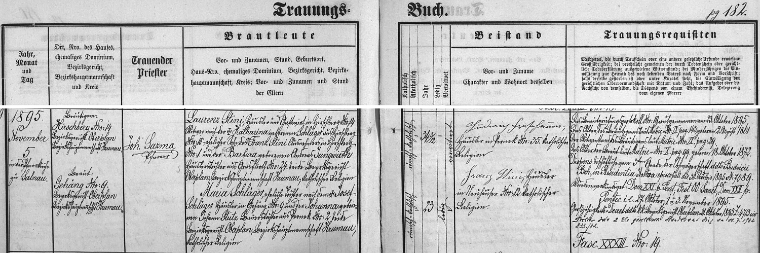 I druhá svatba Laurenze Stiniho "staršího" v roce 1895 je takto zaznamenána v želnavské oddací matrice