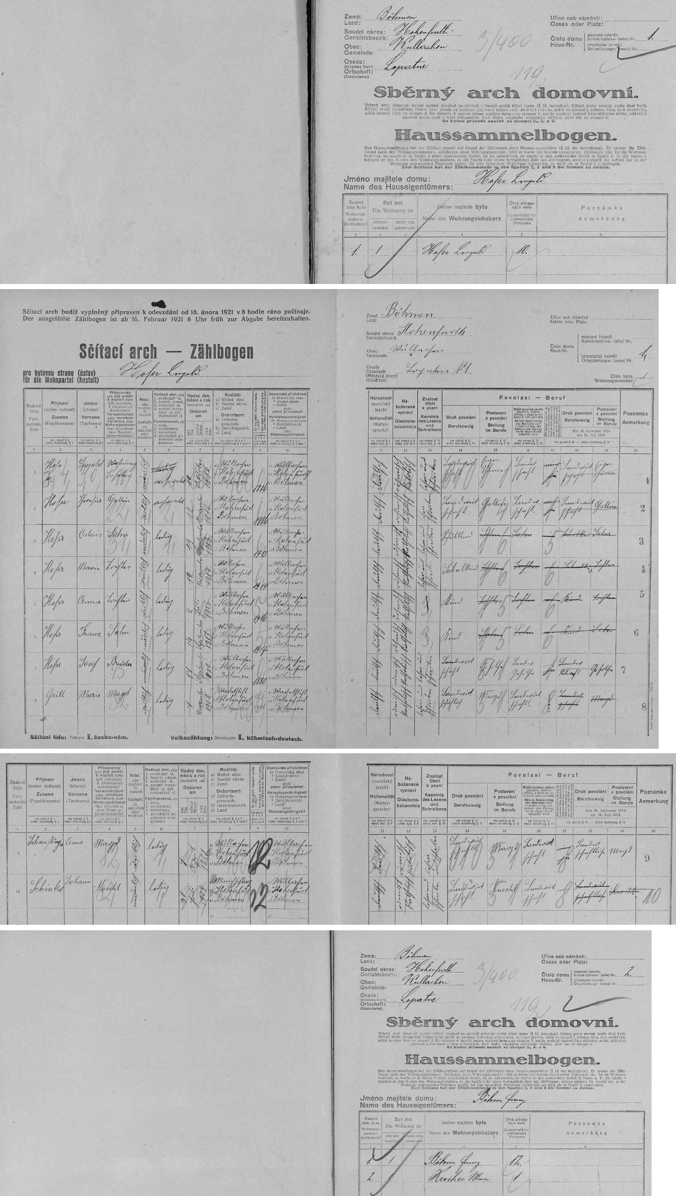 Čtyři stránky sběrného archu ze sčítání lidu v roce 1921 prozrazují, že na stavení čp. 1 tehdy bydlili vedle jeho majitele Leopolda Hofera (*12. října 1886) s chotí Theresií (*12. listopadu 1886) a synů Aloise (*1903) a Franze (*1917), dcer Marie (*1914) a Anny (*1916) i majitelův bratr Josef, dvě děvečky a jeden pacholek