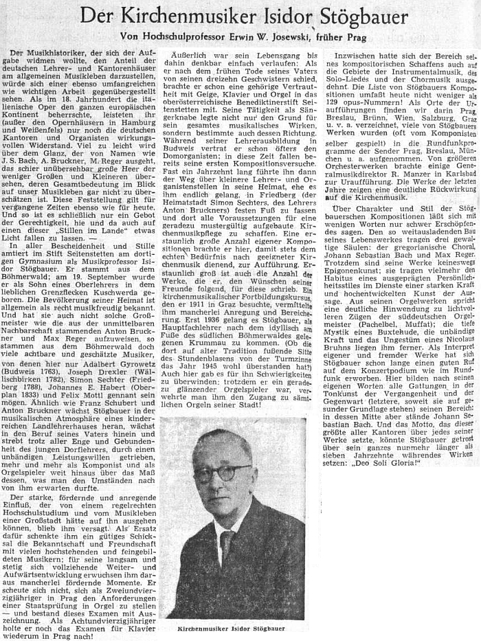 V roce 1954 přinesl Sudetendeutsche Zeitung obsáhlý článek o jeho životě a díle