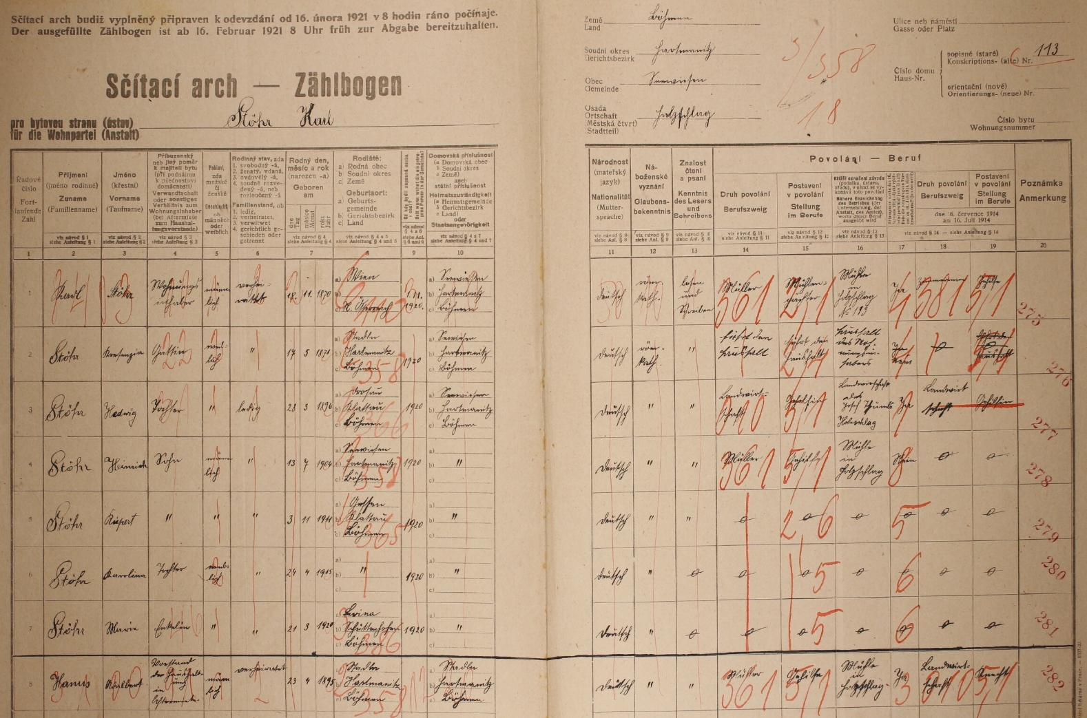 Arch sčítání lidu z roku 1921 pro stavení čp. 113 v Javorné