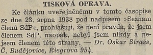 Výmluvné prohlášení v českém listě, který ho v srpnu 1938 mylně uvedl na seznamu členů Sudetoněmecké strany