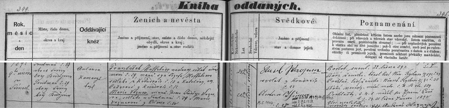 Český a počešťující záznam kaplana Antonína Kamarýta z trhovosvinenské oddací matriky o svatbě Frantíška (tak psáno v matrice) Hoffelnera původem z Kondrače s Marií Wagnerovou z Trutmaně roku 1892