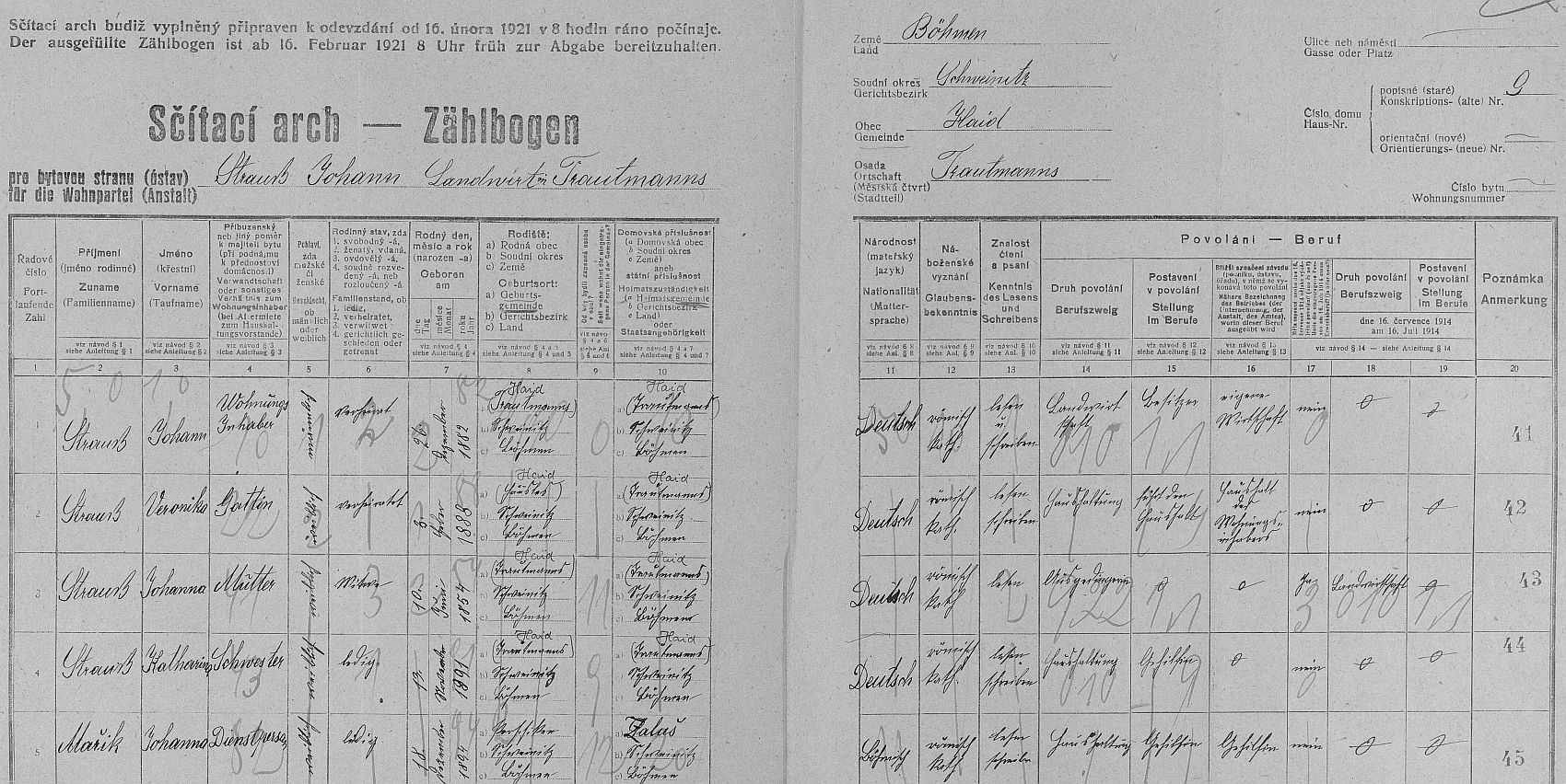 Na archu sčítání lidu pro dům čp. 9 v Trutmani Josefa ještě nevidíme, jména a další záznamy jsou psány německy