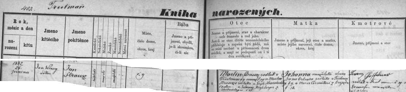 Český zápis o křtu Jana Strausze z Trutmaně čp. 9 v trhovosvinenské "Knize narozených"