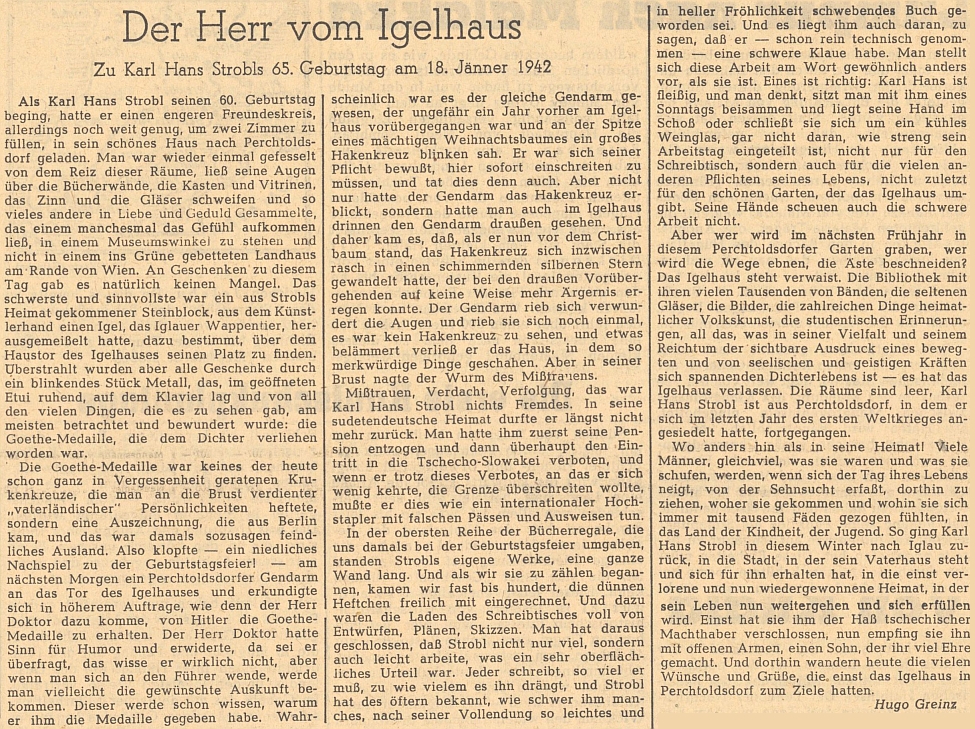 Nacistický Völkischer Beobachter Strobla v lednu 1942 takto uctil k jeho 65. narozeninám