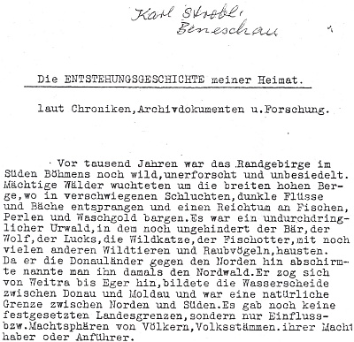 Záhlaví a prvý odstavec jeho obsáhlejšího textu o "dějinách zrodu domova", který mi laskavě poskytl v kopii Obecní úřad v Benešově nad Černou
