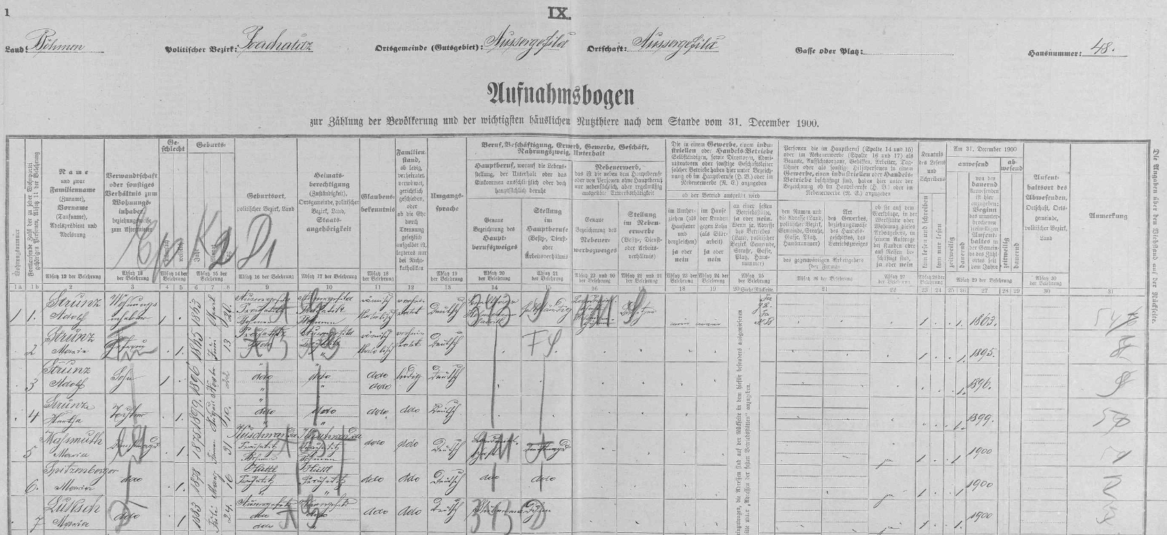 Arch sčítání lidu z roku 1900 pro dům čp. 48 v Kvildě s rodinou Strunzových a třemi jejími služebnými