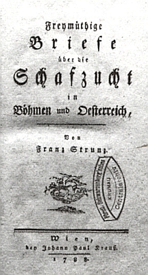 Titulní list (1788) jeho knihy o chovu ovcí v Čechách a v Rakousku