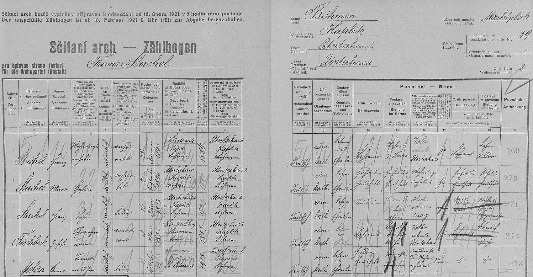 Arch sčítání lidu z roku 1921 pro dům čp. 39 na náměstí v Dolním Dvořišti s rodinou Stuchelovou