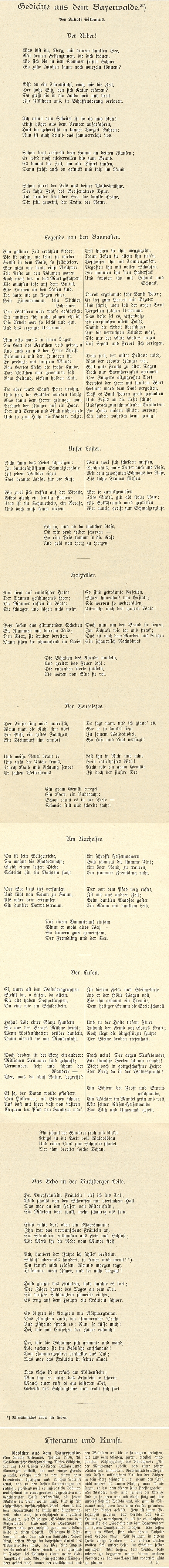 Několik ukázek z jeho básnické sbírky "Gedichte dem Byerwalde" otiskl Johann Peter v posledním ročníku svého prachatického časopisu "Der Böhmerwald"