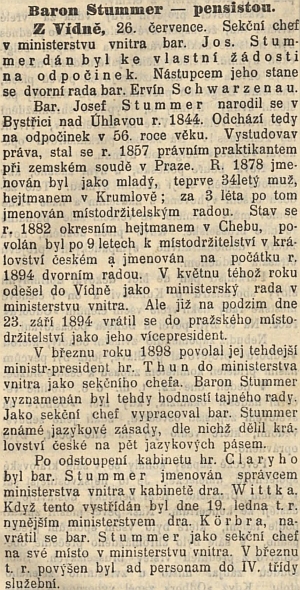 O jeho odchodu do důchodu informovaly Národní listy na první straně svého odpoledního vydání s chybou v datu narození