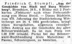 Inzerát na jeho brožuru o Vimperku se objevil na stránkách ústředního listu vyhnaných krajanů v březnu 1954