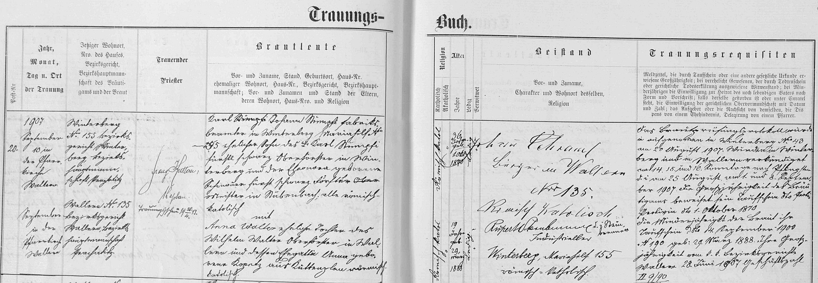 Záznam o jeho svatbě ve volarské oddací matrice