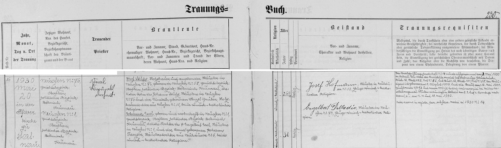 Záznam o svatbě rodičů v želnavské oddací matrice