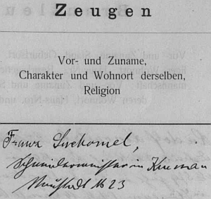 Otcův podpis z českokrumlovské oddací matriky, kde figuruje
jako svědek jedné zdejší svatby v září roku 1918