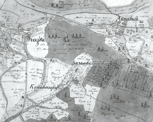 Mouřenec (zde "Sct. Moritz") na vojenské mapě z roku 1837