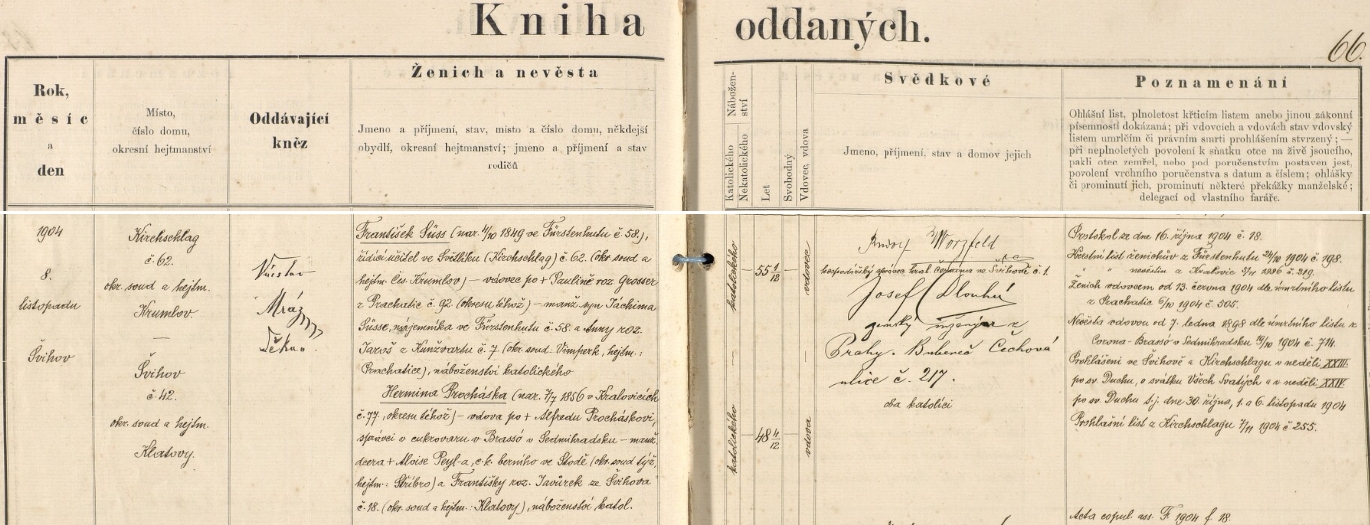 Česky psaný záznam švihovské oddací matriky o jeho druhé svatbě dne 8. listopadu roku 1904 s Hermine Prochaskovou