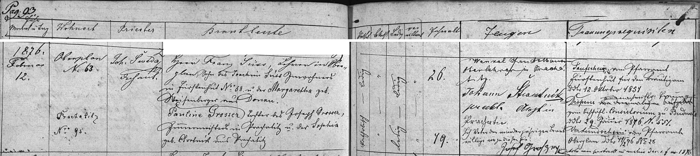 Záznam prachatické oddací matriky o jeho zdejší svatbě v únoru roku 1876