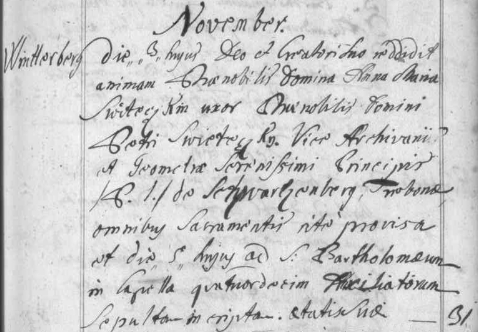 Záznam o skonu jeho ženy Marie ve Vimperku dne 3. listopadu roku 1746 a jejím pohřbu na starém hřbitově u sv. Bartoloměje