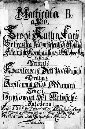 Titulní list "Matriculy B aneb Trojí knihy fary Srbečské a přivtělených kostelů Kornhauského a Velkohorešovského" a český záznam v ní o jeho
narození v "Kornhausu" - Petr Caspar je tu psán jako "syn panna Swětezskyho a Kathariny", dále je uveden novorozencův kmotr (latinsky Levans) a svědkové (latinsky Testes)