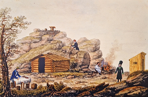 Akvarel z roku 1822, na kterém tehdy čtrnáctiletý Bedřich zachytil práci zeměměřičů při vyměřování budoucí rozhledny na Kleti