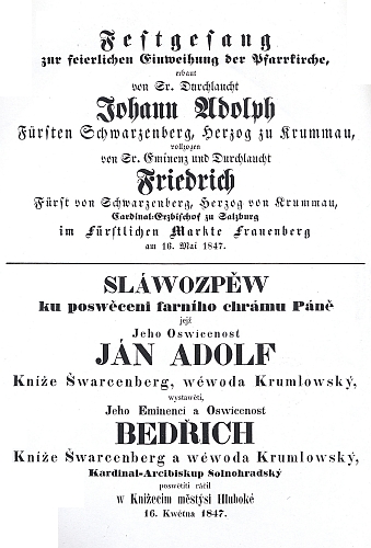 Titulní list (1847) jeho "slávozpěvu" na vysvěcení hlubockého kostela sv. Jana Nepomuckého vévody krumlovskými