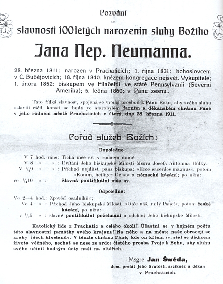 Jeho pozvánka k oslavě 100. jubilea narození Jana Nepomuka Neumanna 28. března roku 1911 v Prachaticích