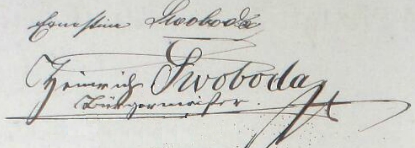 Na stránce kroniky tachovské dívčí školy vidíme jeho podpis z roku 1897 s příjmením "Swoboda" a také podpis jeho druhé ženy Ernestine, nevlastní sestry té prvé z obou, totiž Sophie Charlotte, roz. Krausové