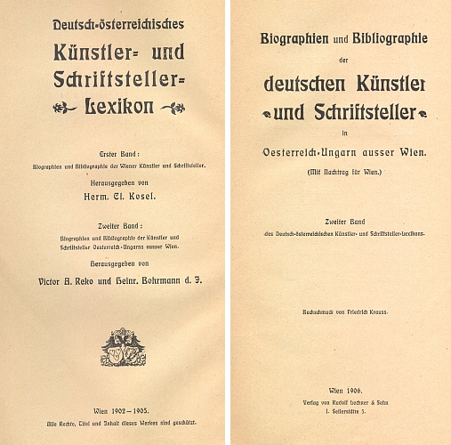 Titulní list (1906) bio-bibliografického slovníku německých umělců a spisovatelů Rakouska-Uherska
a jeho heslo v něm
