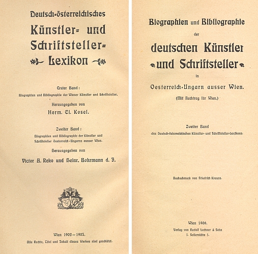 Titulní list (1906) bio-bibliografického slovníku německých umělců a spisovatelů Rakouska-Uherska
a jeho heslo v něm