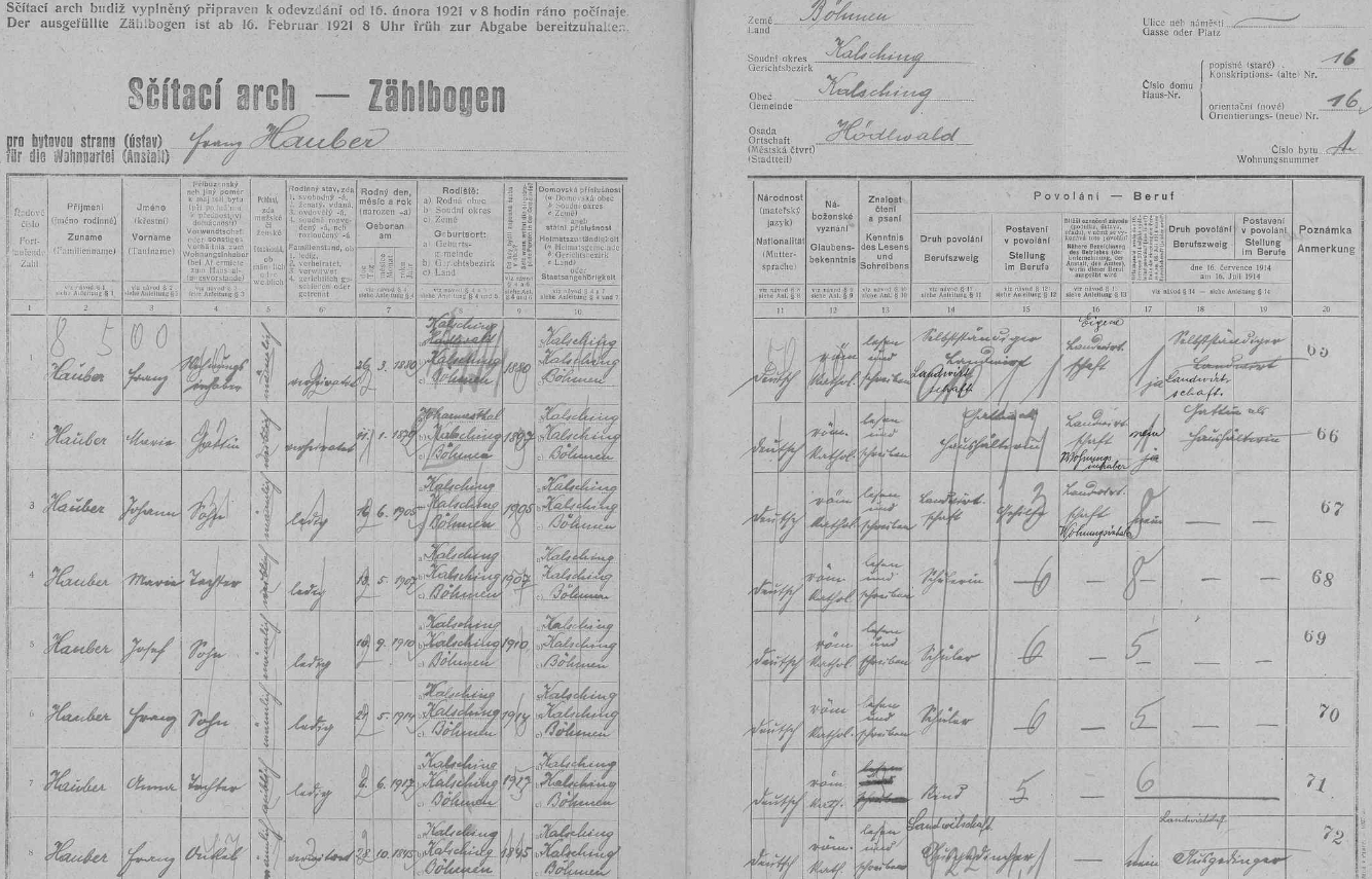 Arch sčítání lidu z roku 1921 pro stavení čp. 16 v Hejdlově - ještě bez ní