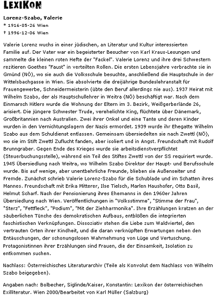 Medailon jeho ženy Valerie Lorenz-Szaboové, jejíž židovský původ (mnozí z jejích blízkých zahynuli v nacistických koncentračních táborech) a propuštění mužovo ze školní služby vedly k přesídlení do Zwettlu, kde našli útočiště po dobu války ve zdejším klášteře - mezi jejími poválečnými přáteli se objevuje v textu i jméno Ilse Tielschové