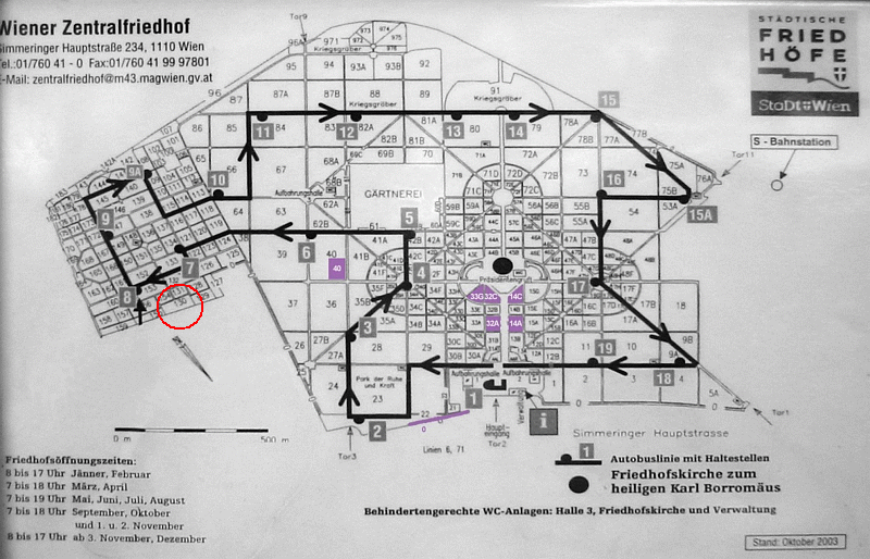 Plán vídeňského Centrálního hřbitova, kde je umístěn čestný hrob básníka a jeho ženy (skupina 40, číslo 130)...