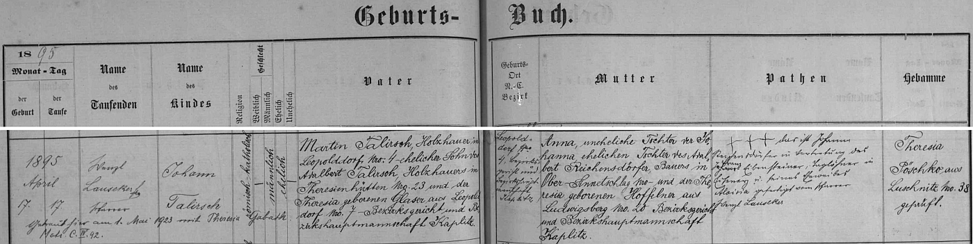 Záznam křestní matriky farní obce Terčí Ves (dnes Pohorská Ves) o otcově narození s pozdějším přípisem o svatbě rodičů