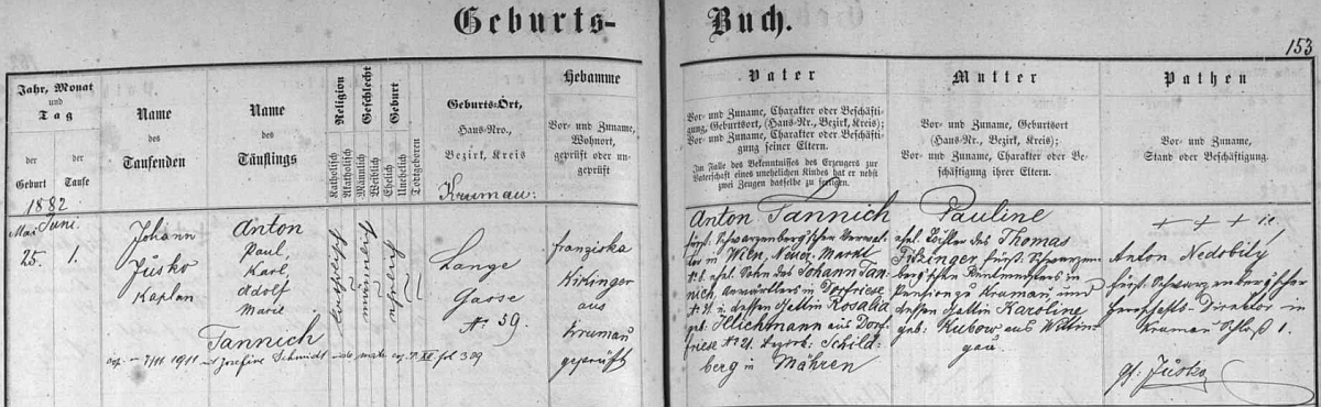 Podle záznamu v českokrumlovské farní matrice se narodil 25. května roku 1882 (pokřtěn byl 1. června téhož roku) v Dlouhé ulici čp. 59 Antonu Tannichovi, schwarzenberskému správci ve Vídni, Neuer Markt čp. 8 a jeho ženě Paulině, roz. Fitzingerové (příjmení její matky rodem z Třeboně je tu psáno "Kubow") - nechybí ani přípis o svatbě "Antona Paula Karla Adolfa Marie" Tannicha, jak byl pokřtěn, s Josefinou Schmidtovou v Českém Krumlově 7. listopadu roku 1911