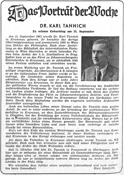 Karl (nikoli Kurt, jak mylně uvedeno) Schefczik napsal k Tannichovým sedmdesátinám medailon, zveřejněný v září 1953 na stránkách ústředního listu vyhnaných krajanů