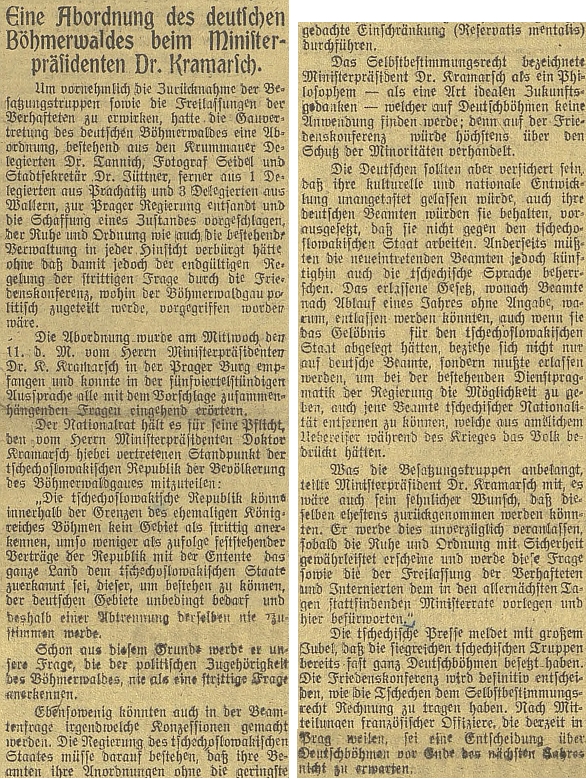 Článek Budweiser Zeitung z 20. prosince roku 1918 o přijetí delegace "župního zastoupení německé Šumavy", v níž byl vedle Tannicha i fotograf Josef Seidel, u předsedy vlády Kramáře