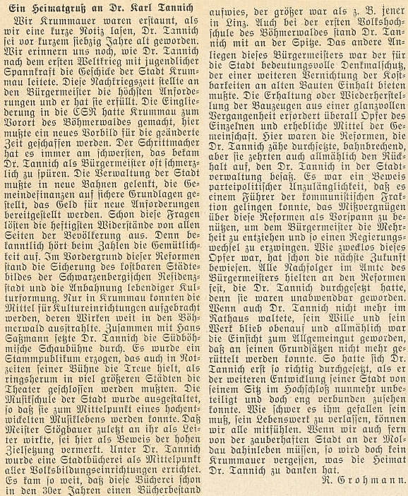 Autorem zdravice k jeho sedmdesátinám byl na stránkách krajanského měsíčníku Rudolf Grohmann