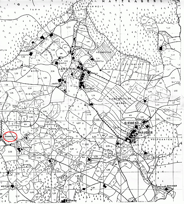 Mapka Jaronína a Sedmi Chalup, na které je zachycen i dům řečený Modhiesla