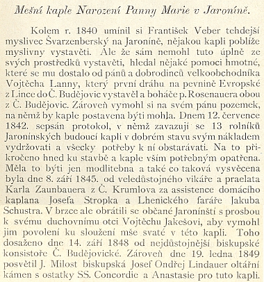 Historie kaple v Jaroníně, jak ji ve své práci " Farní osada Brloh" z roku 1894 popsal učitel Jan Elias